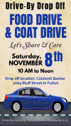 May be an image of ‎car and ‎text that says '‎Drive-By Drop Off FOOD DRIVE & COAT DRIVE Let's Share مع Care Saturday, NOVEMBÉR 8th 10 AM to Noon Drop off location: Coldwell Banker 1004 Bluff Street in Fulton Drives Sponsored by Coldwell Banker Niedergerke &Co. & Co.‎'‎‎