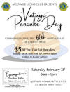 May be an image of text that says 'LIONS AUXVASSE LION'S CLUB PRESENTS: LIONS L L INTERNIATIONAL ANTERATIONAL TIONAL Pancake Vinjage Day COMMEMORATING THE 66th ANNIVERSARY OF LOAFER'S EEK $5 All You Can Eat Pancakes Sausage, Bacon, Juice, Milk, & Coffee included Children 10 & under eat free! Saturday, February 21st 8am- Ipm Baungantner Recliner Raffle Tickets $1/ea or 6/$5 *Drawing at Ipm *Presence not required to win AUXVASSE COMMUNITY CENTER 702 SOUTH MAIN STREET'